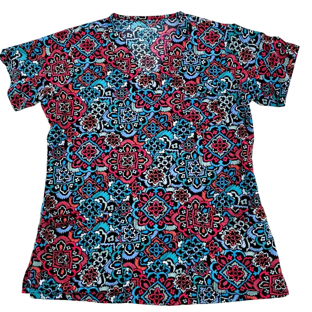 Butter-Soft Scrub Top Womens Medium Teal Pink Medallion Stretch Marrakesh Malaga
